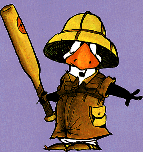 Un'illustrazione che ritrae Opus, il pinguino protagonista del fumetto "Bloom County" di Berkeley Breathed, in piedi davanti a uno sfondo lilla, ritratto da davanti, solo leggermente girato in senso orario, con un completo da esploratore ottocentesco addosso, comprensivo di casco giallo in testa, una mazza da cricket nella mano destra, mentre con un'espressione seria e forse un po' spaventata sopra il gigantesco becco arancione guarda verso il punto da cui è ritratto.